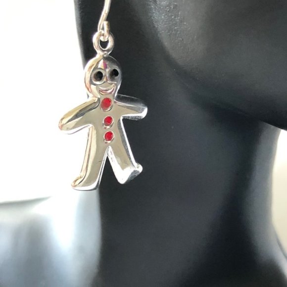 Sterling silver 925 gingerbread men earrings with small stones eyes buttons - Picture 2 of 7